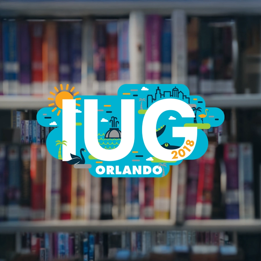 IUG 2018 logo on blurred bookshelf background